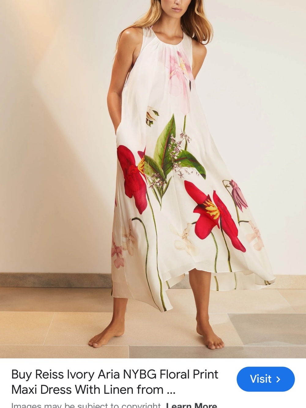 Reiss Ivory Floral Print Maxi Dress with Red & Pink Accents